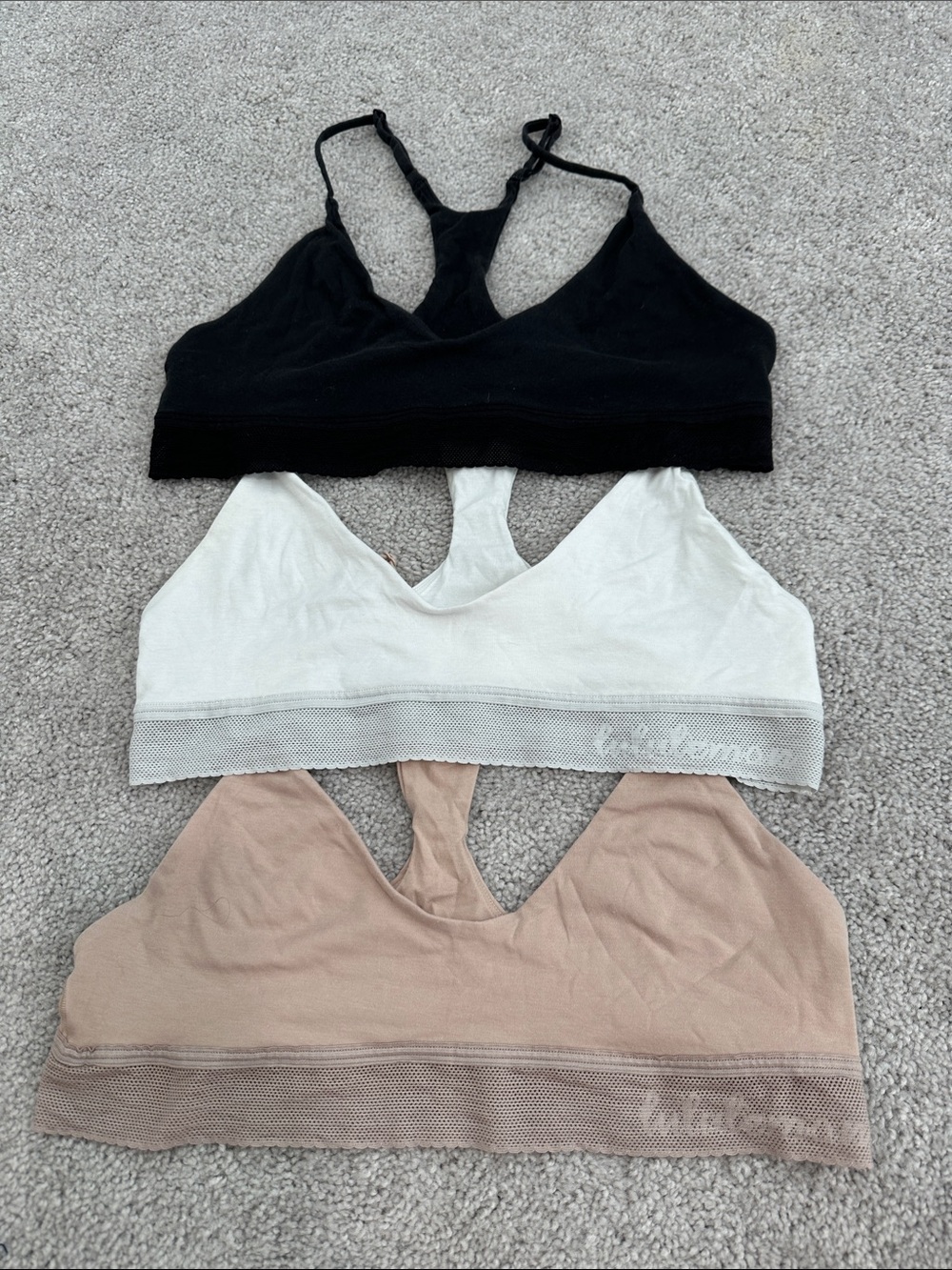 lululemon 3-Pack Seamless Racerback Bralettes - Black, White, nude Cotton M/L